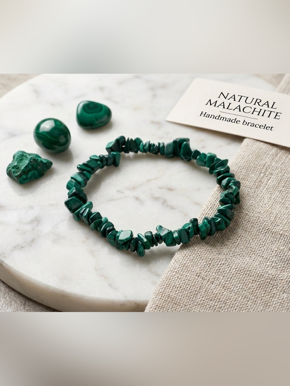 Genuine Malachite Crystal Chip Stretch Bracelet – Healing & Protection Stone